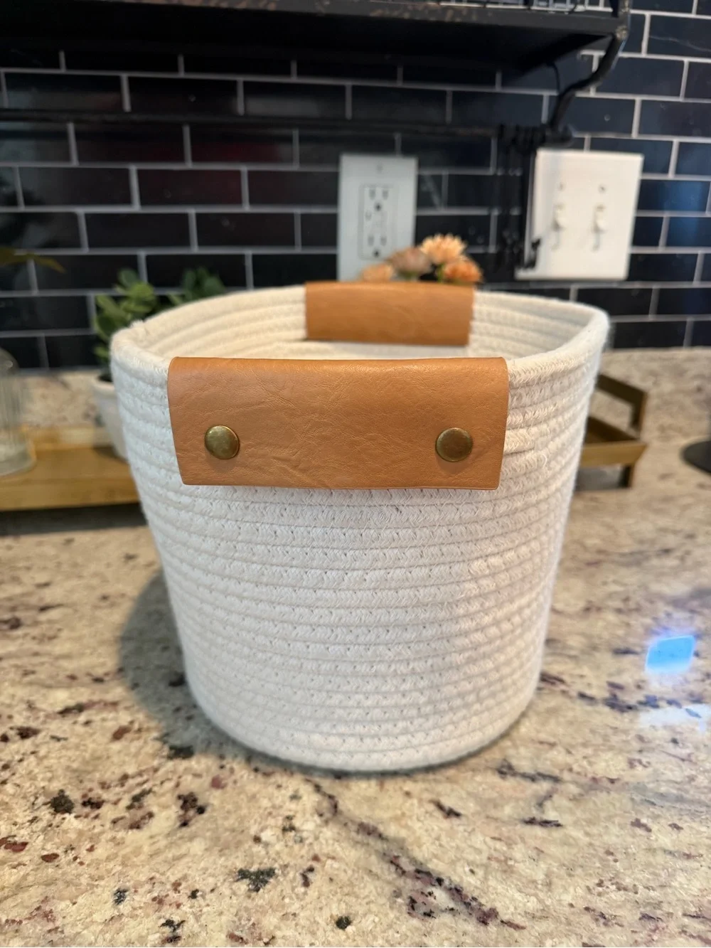 Neutral Woven Rope Storage Basket with Leather Handles - White